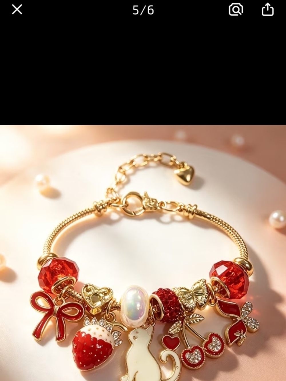 Gold-Tone Red Charm Bracelet with Cat, Strawberry & Bow Charms